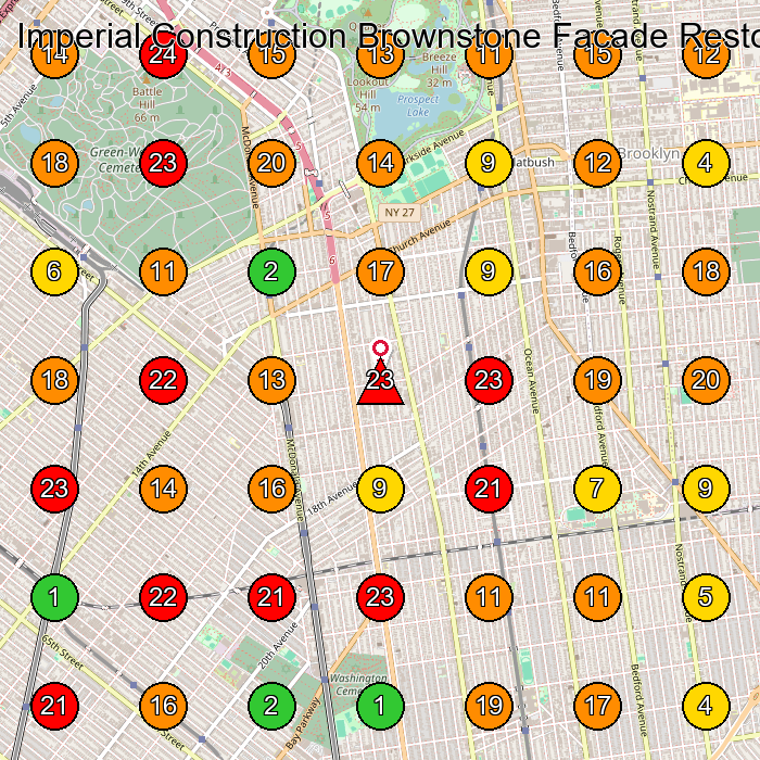 Imperial Construction Brownstone Facade Restoration, Masonry, Waterproofing Contractor General Contractor GeoGrid ranking map for Brooklyn NY
